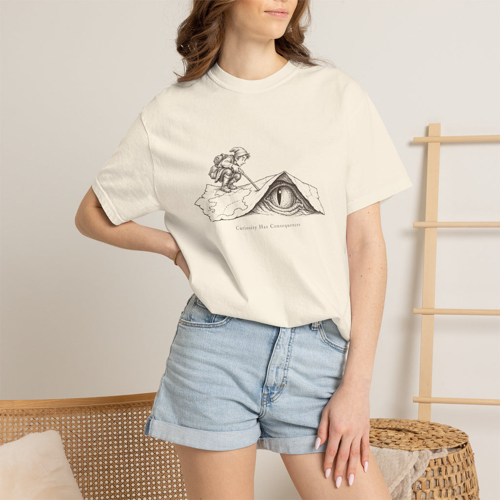 Curiosity Has Consequences t-shirt: vintage explorer at a mountain cave