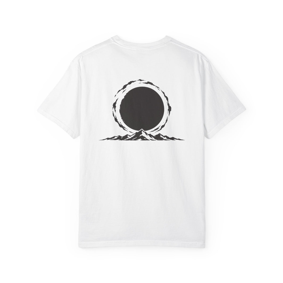 Eclipse t-shirt: eclipse and mountain silhouette back print with Nexus chest monogram