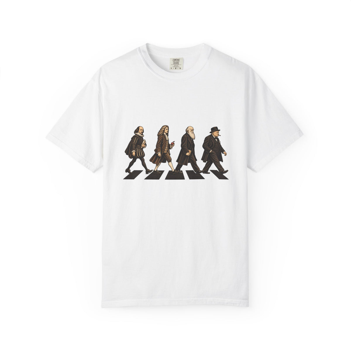 The Thought Procession t-shirt: Shakespeare, Newton, Darwin and Churchill on a crosswalk