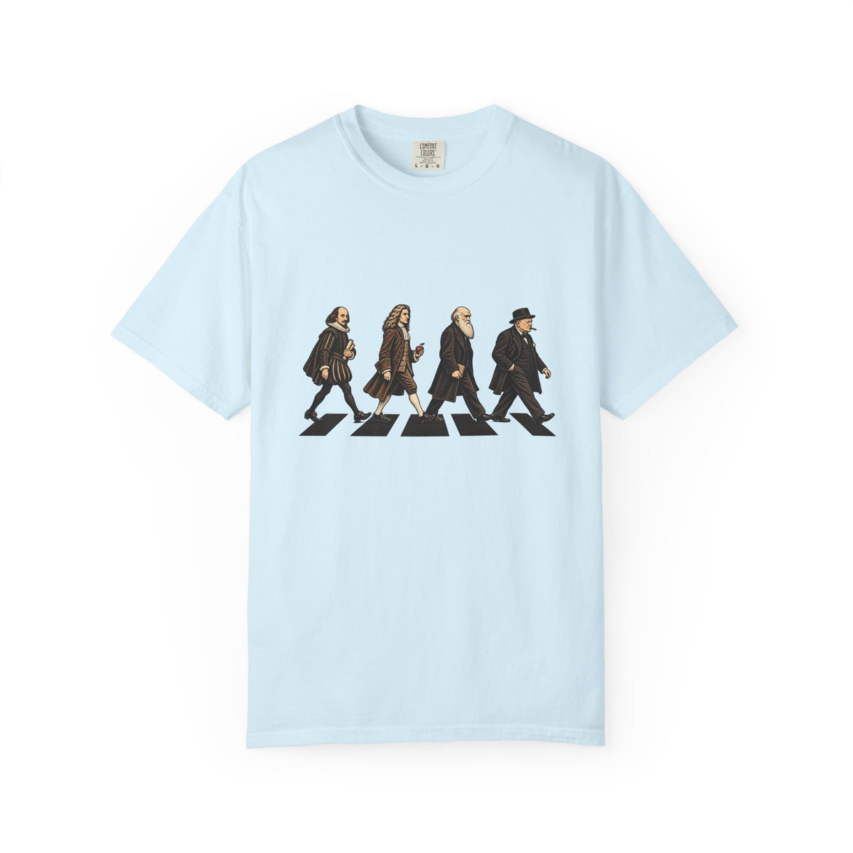The Thought Procession t-shirt: Shakespeare, Newton, Darwin and Churchill on a crosswalk