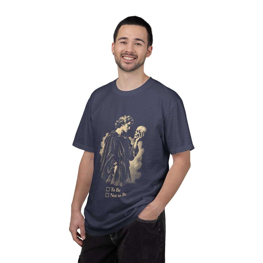 To Be Determined t-shirt: Hamlet holding a skull above To Be / Not to Be checkboxes