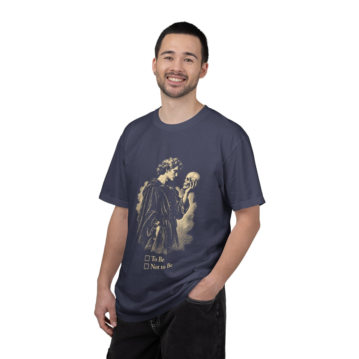 To Be Determined t-shirt: Hamlet holding a skull above To Be / Not to Be checkboxes
