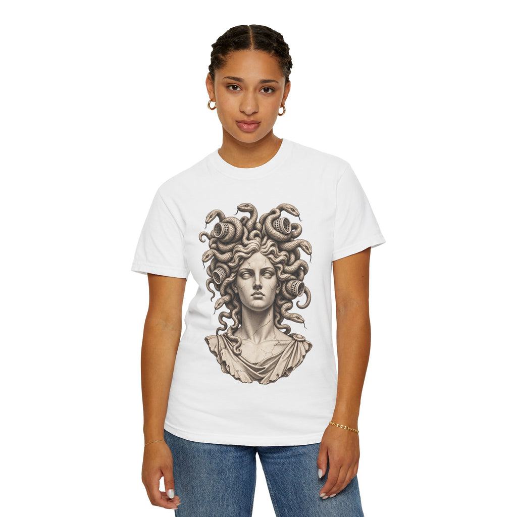 Bad Hair Day t-shirt: Medusa with her snakes in hair rollers
