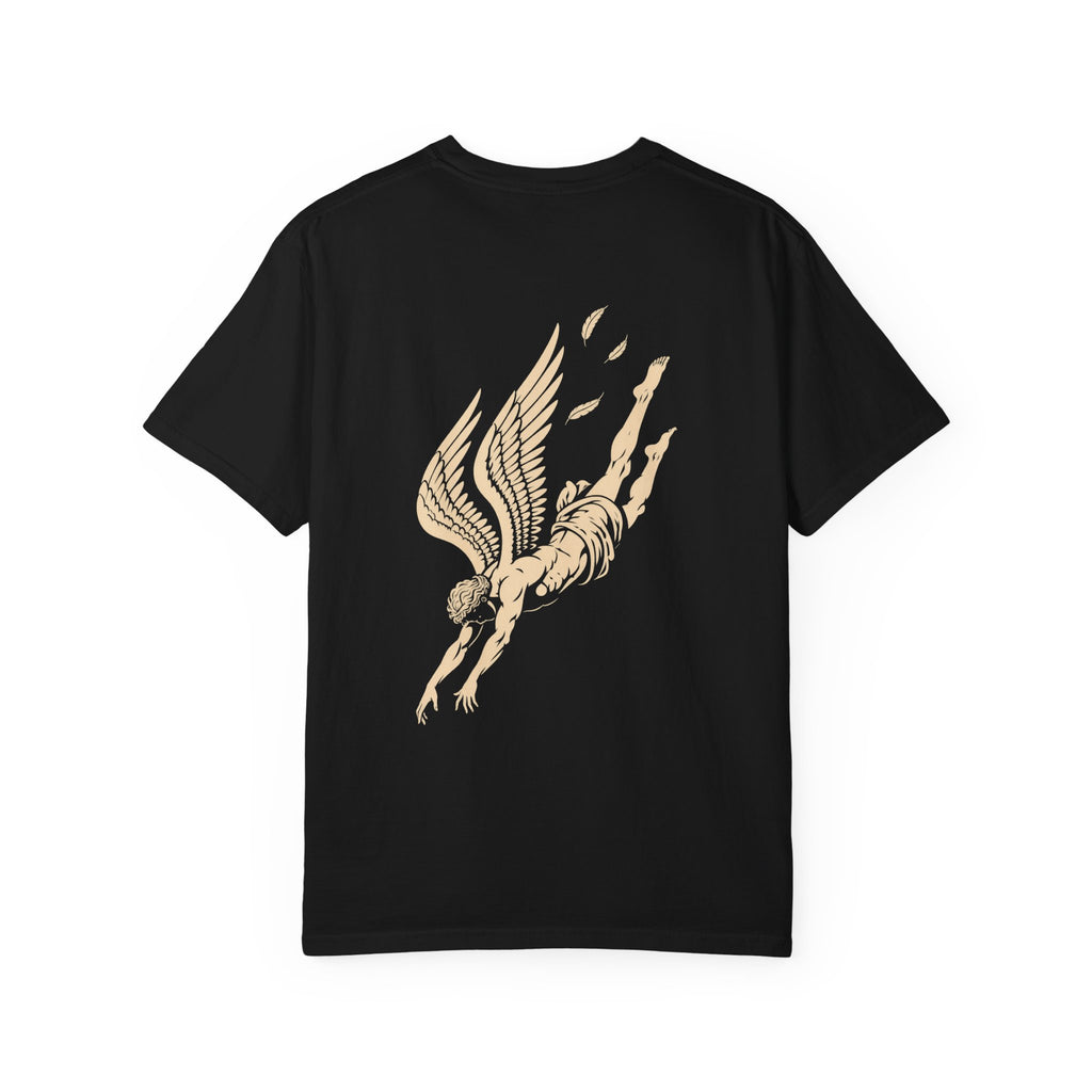 Falling Figure t-shirt: falling winged figure back print with Nexus chest monogram