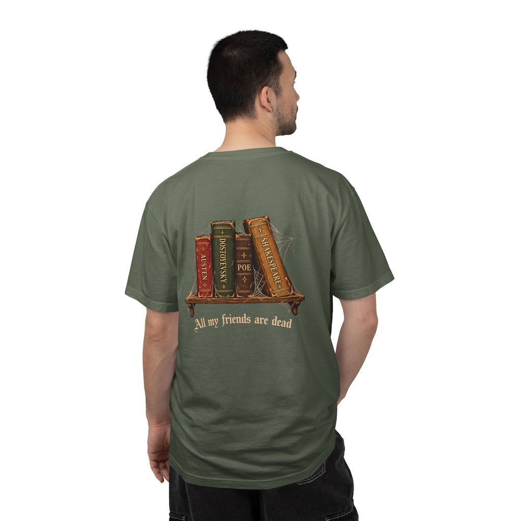All My Friends Are Dead Dead Letters t-shirt: aged books and cobwebs