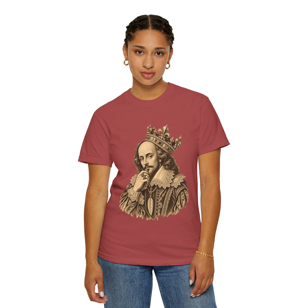 The Bard t-shirt: crowned William Shakespeare engraving-style portrait