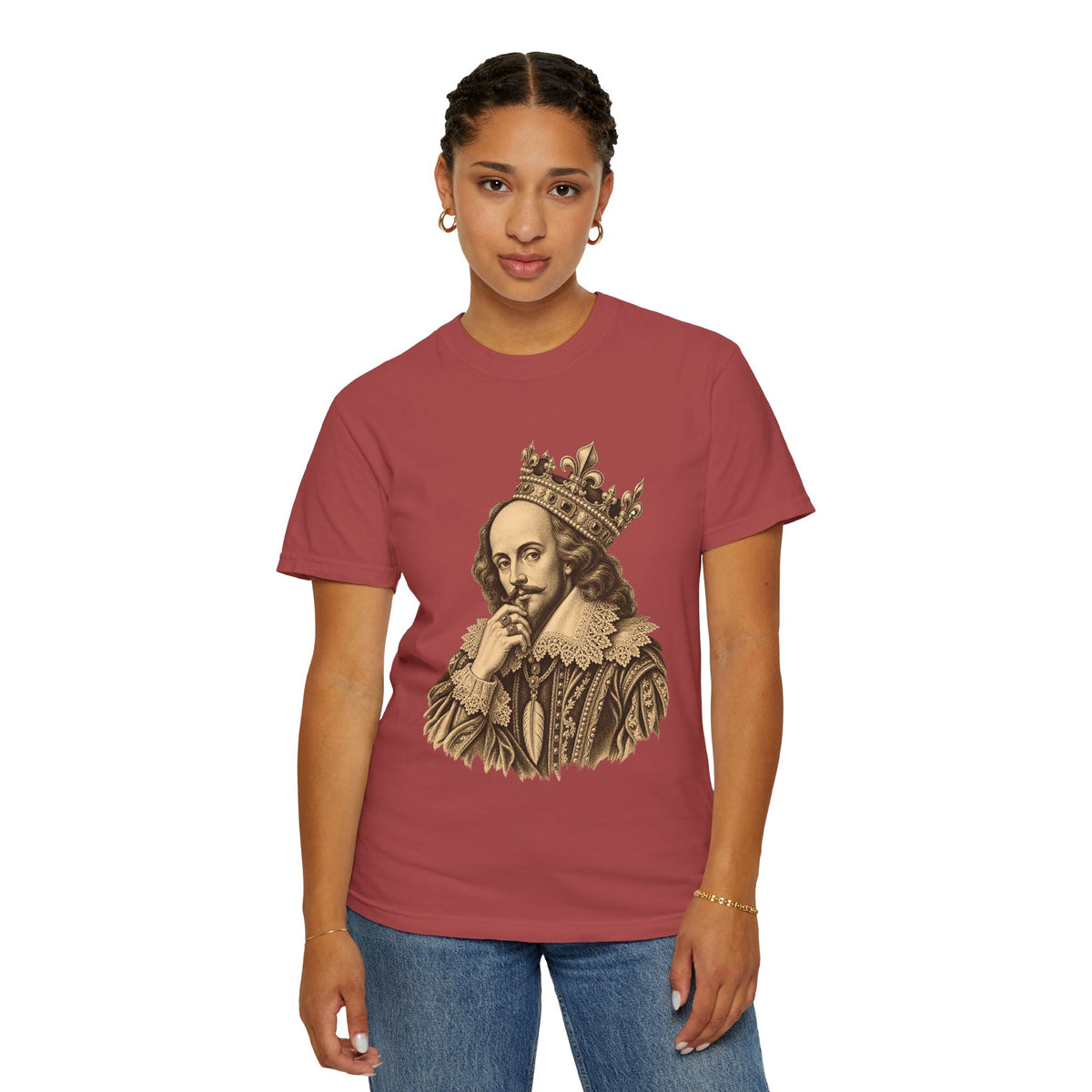 The Bard t-shirt: crowned William Shakespeare engraving-style portrait