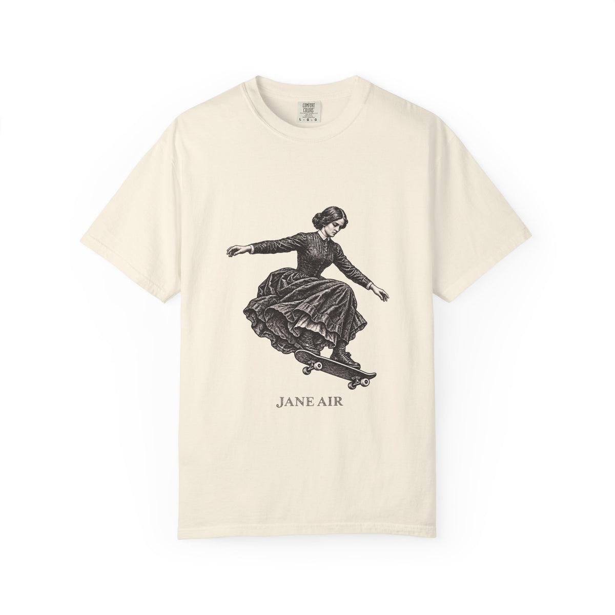 Jane Air t-shirt: Jane Eyre-inspired woman in period dress on a skateboard