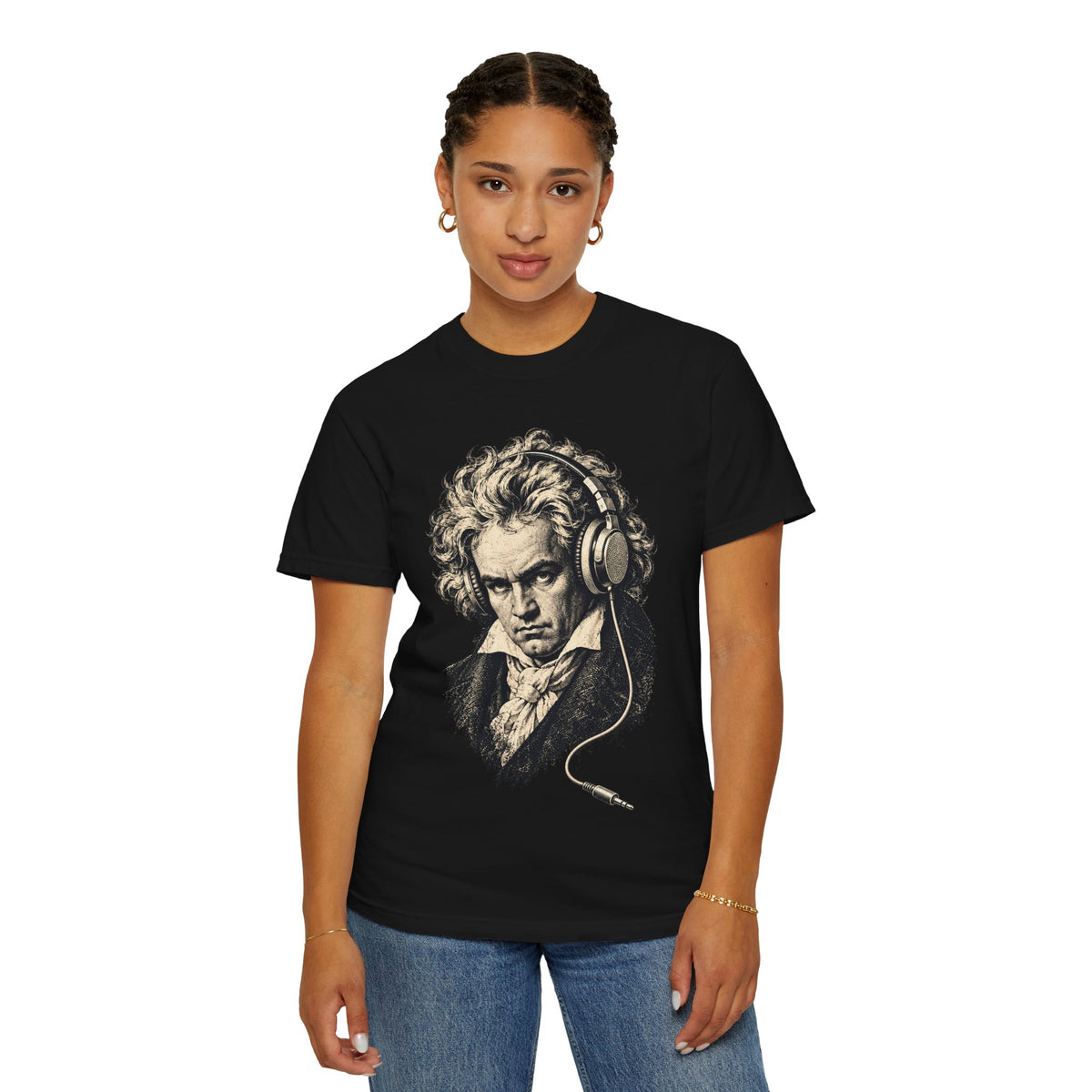 Beethoven Unplugged t-shirt: Ludwig van Beethoven portrait wearing headphones