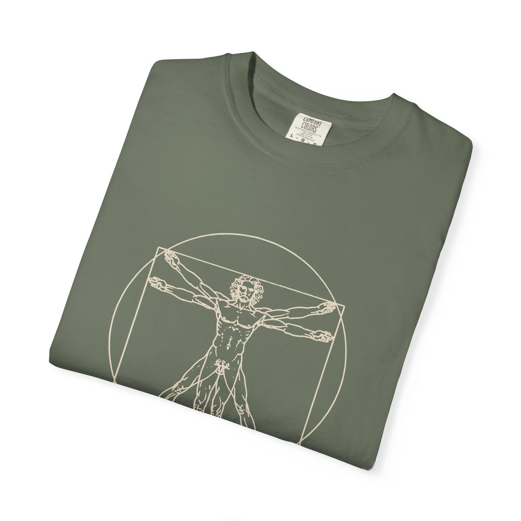 Built Different t-shirt: tonal Leonardo-style anatomy sketch