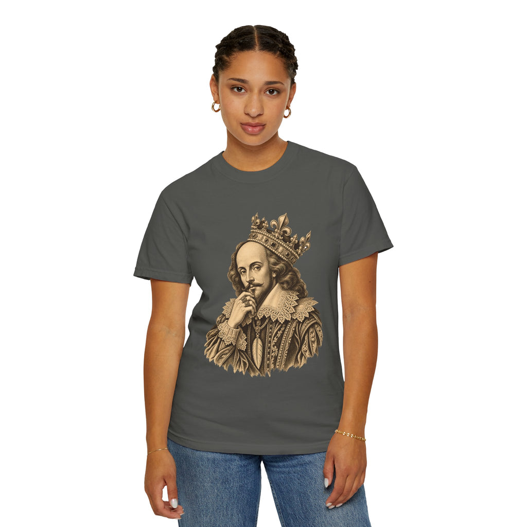 The Bard t-shirt: crowned William Shakespeare engraving-style portrait
