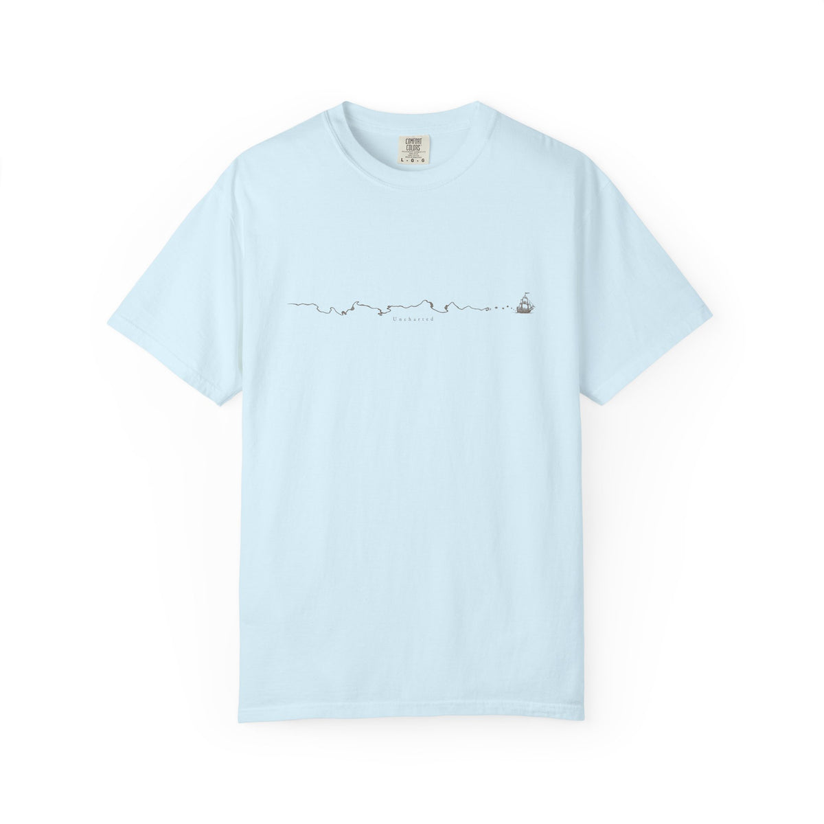 Uncharted t-shirt: fine-line panorama of paths, mountains and a ship