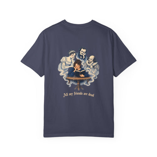 All My Friends Are Dead Familiar Spirits t-shirt: reader with ghostly companions