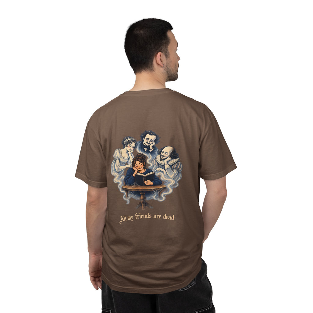 All My Friends Are Dead Familiar Spirits t-shirt: reader with ghostly companions