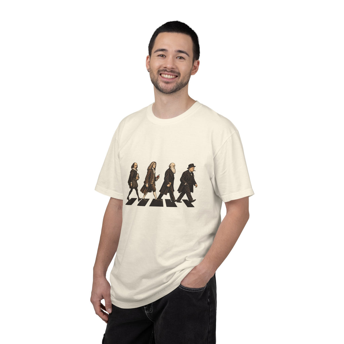 The Thought Procession t-shirt: Shakespeare, Newton, Darwin and Churchill on a crosswalk