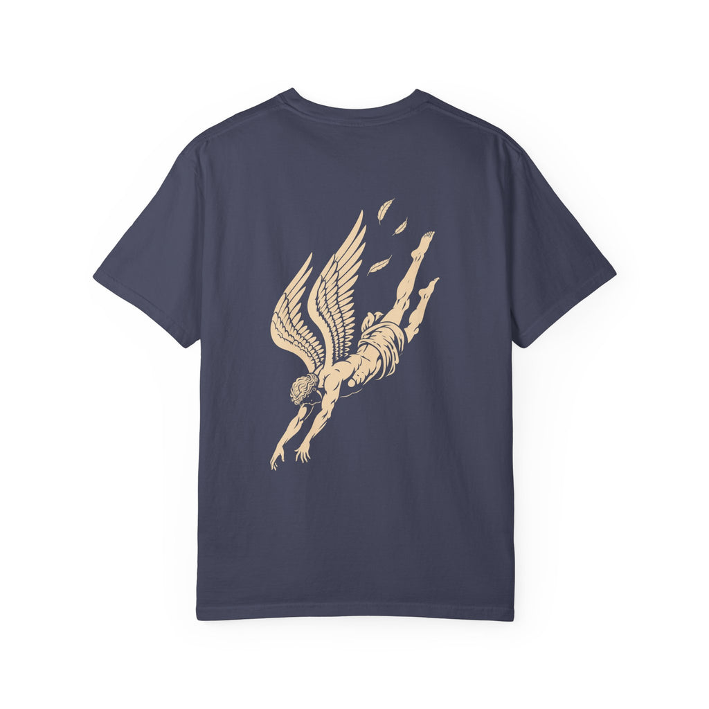 Falling Figure t-shirt: falling winged figure back print with Nexus chest monogram