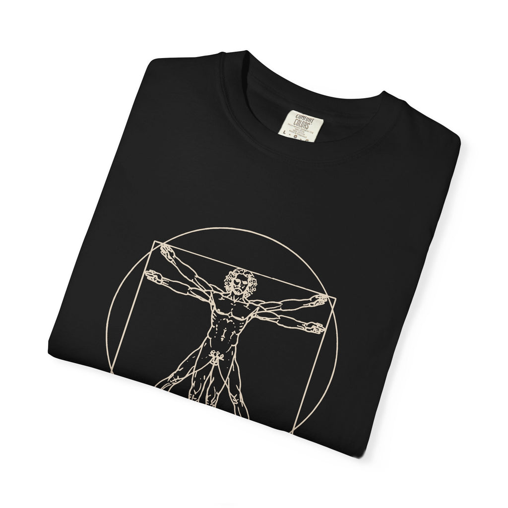 Built Different t-shirt: tonal Leonardo-style anatomy sketch