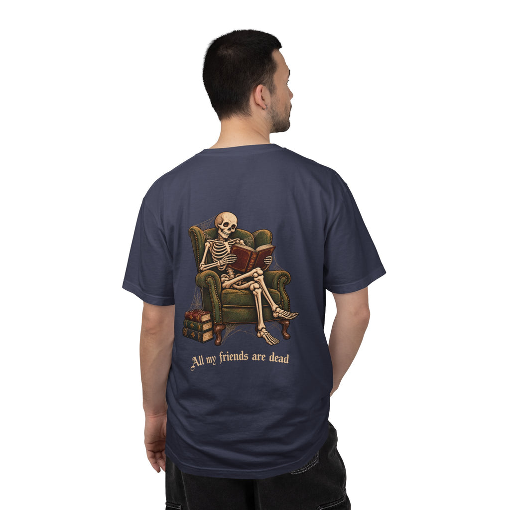 All My Friends Are Dead One More Chapter t-shirt: skeleton reading in an armchair