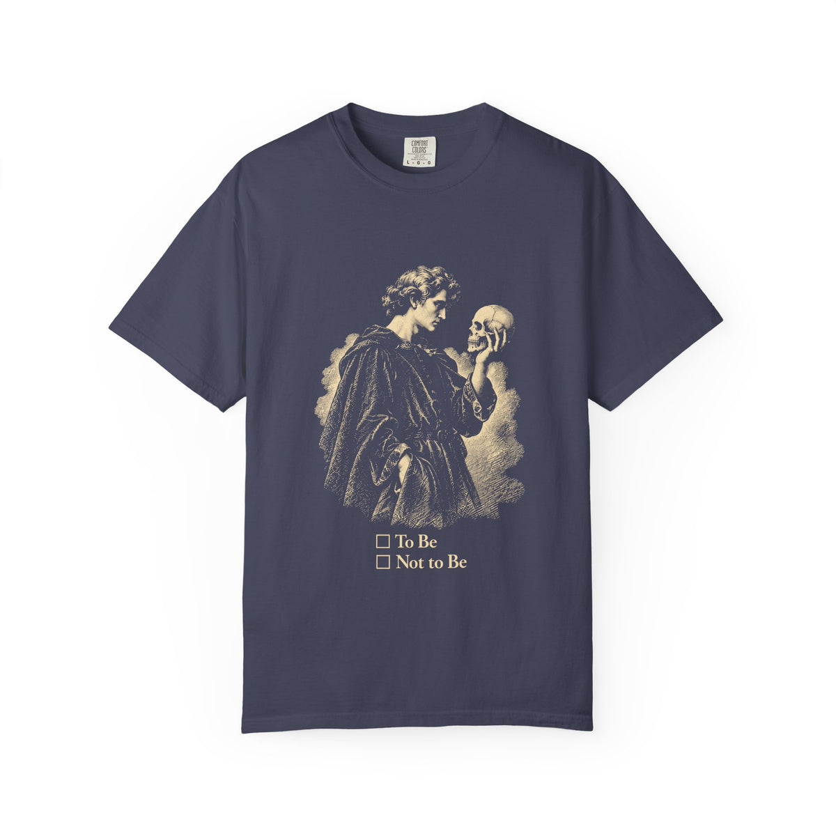 To Be Determined t-shirt: Hamlet holding a skull above To Be / Not to Be checkboxes