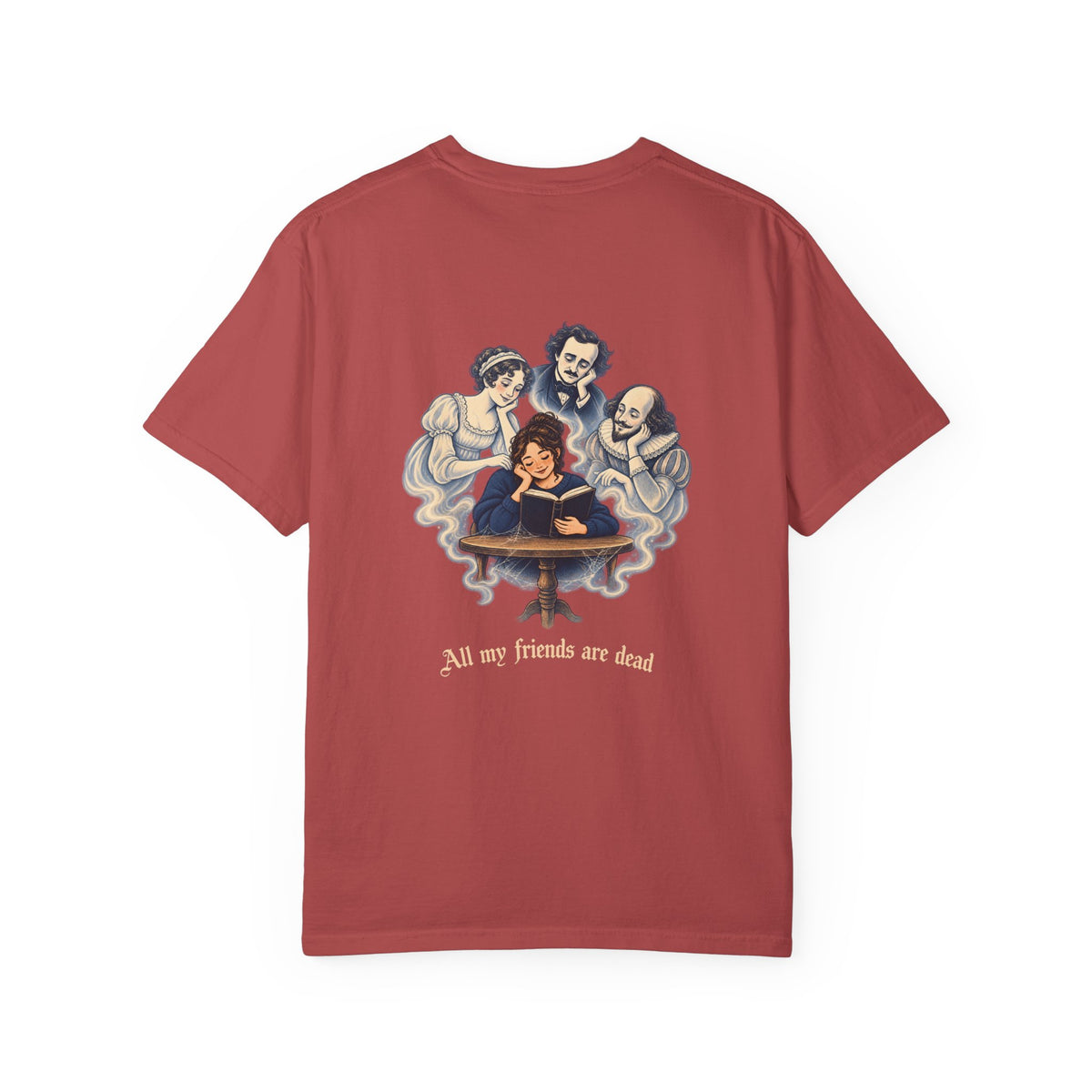 All My Friends Are Dead Familiar Spirits t-shirt: reader with ghostly companions