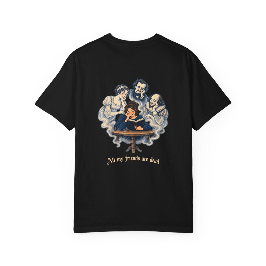 All My Friends Are Dead Familiar Spirits t-shirt: reader with ghostly companions