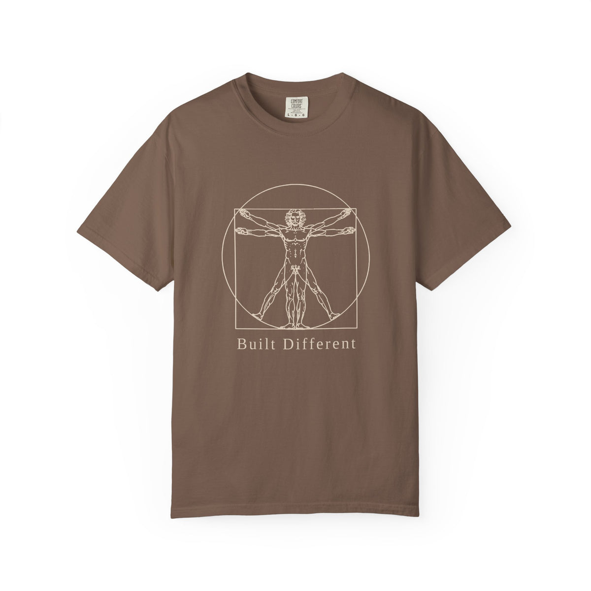 Built Different t-shirt: tonal Leonardo-style anatomy sketch