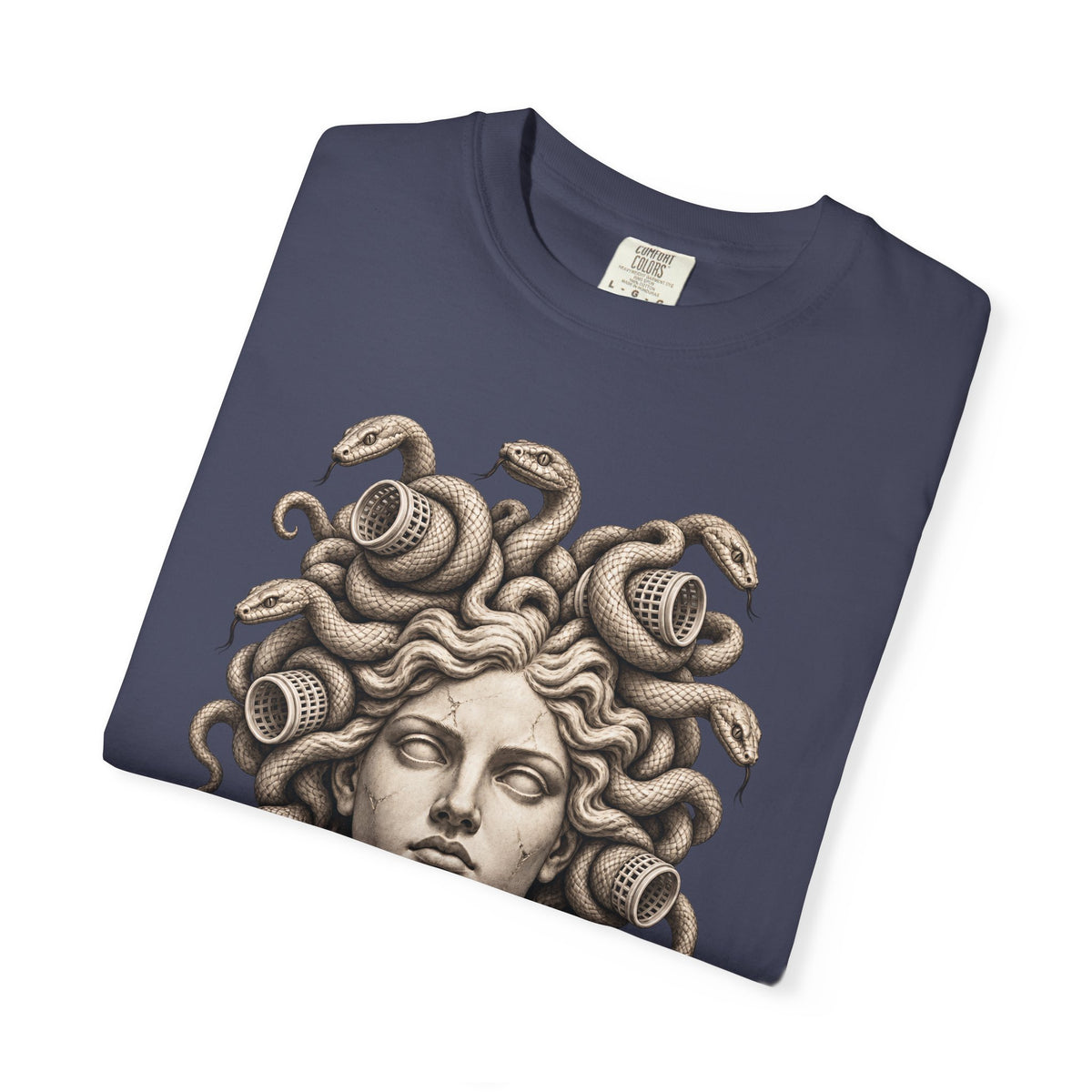 Bad Hair Day t-shirt: Medusa with her snakes in hair rollers