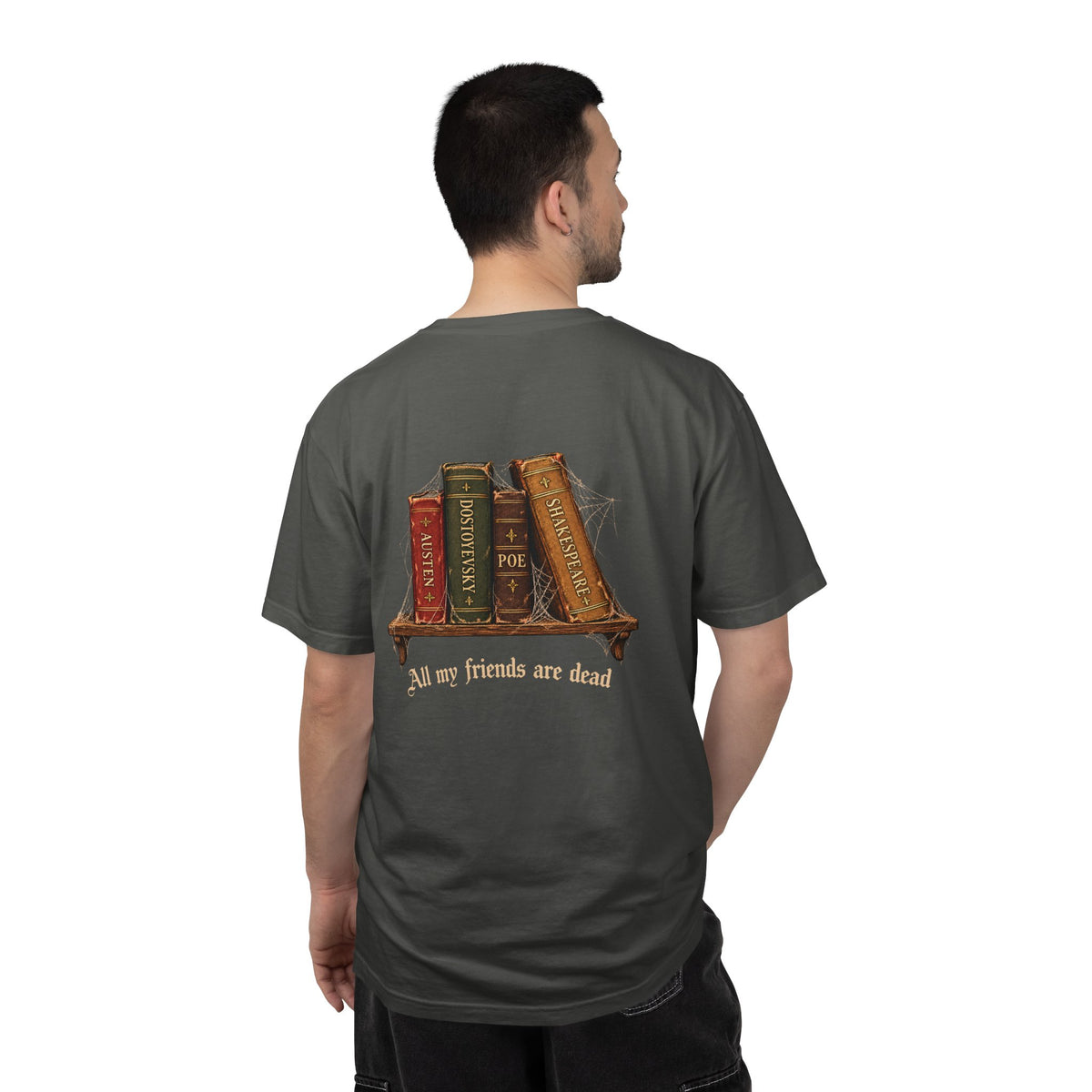 All My Friends Are Dead Dead Letters t-shirt: aged books and cobwebs