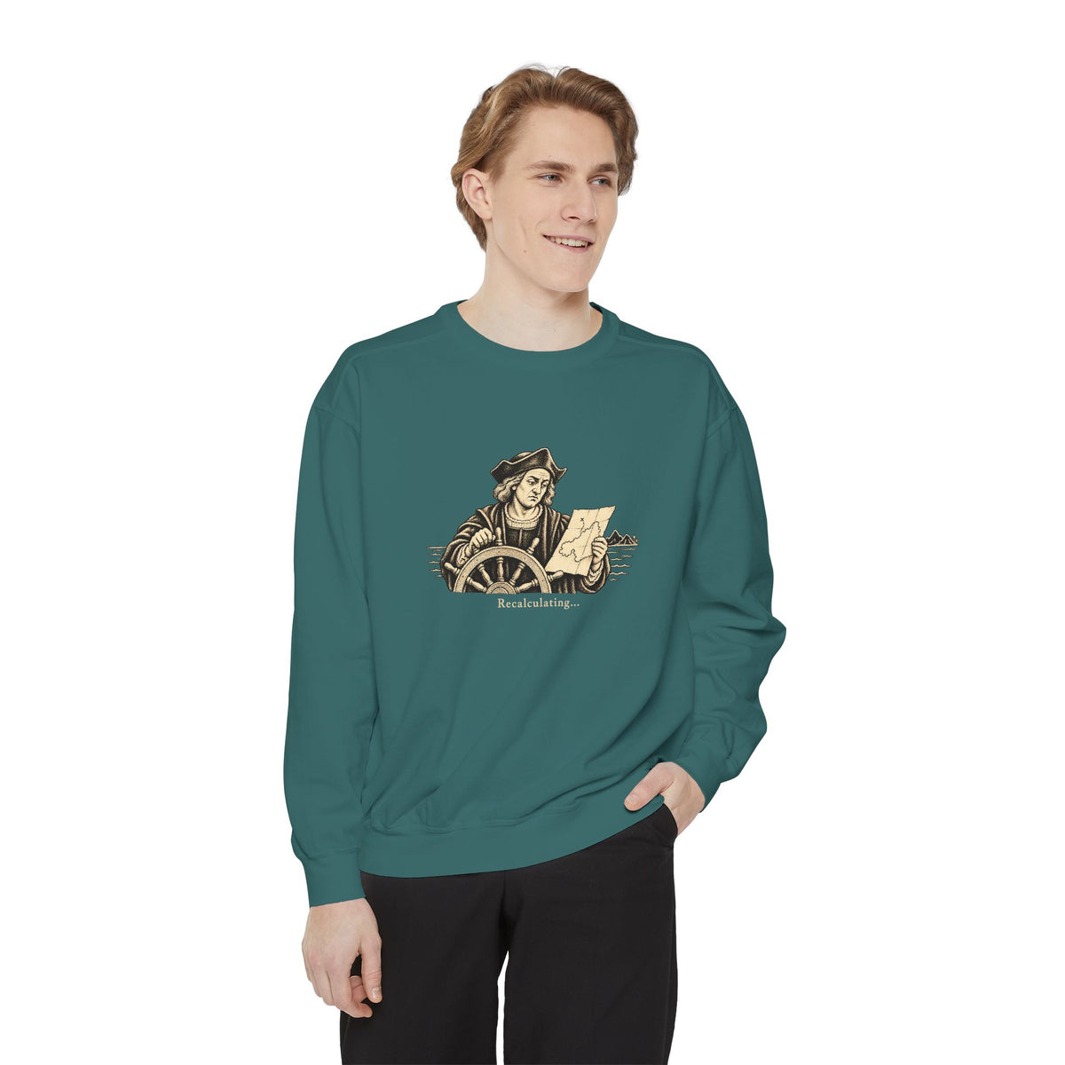 Recalculating Crewneck Sweatshirt – Vintage Navigator at the Wheel | Explorer Collection