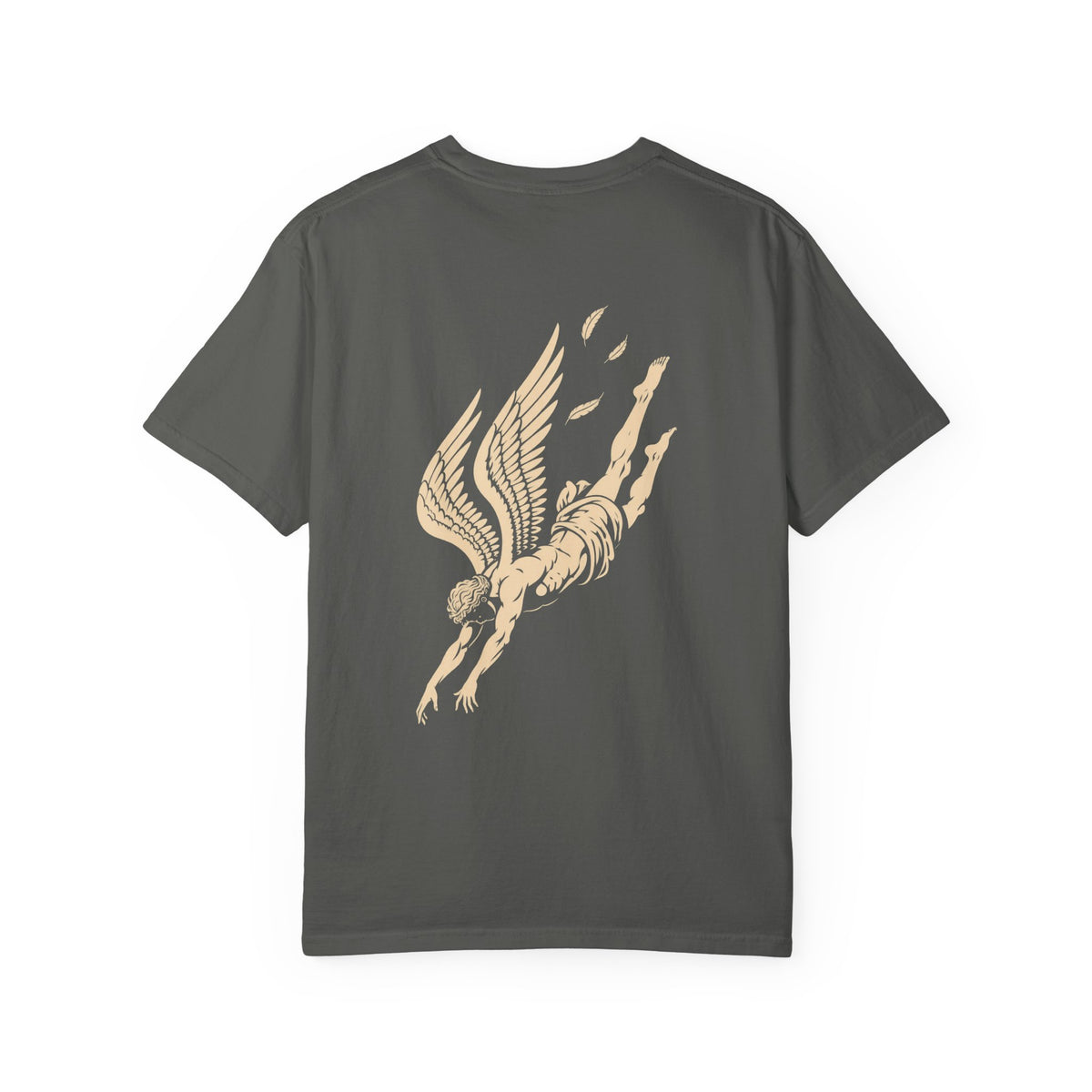 Falling Figure t-shirt: falling winged figure back print with Nexus chest monogram