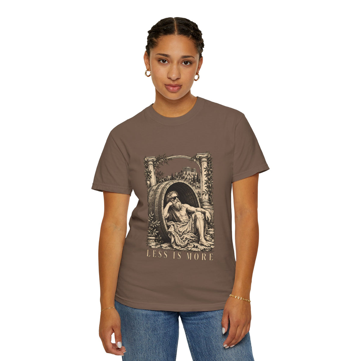 Less Is More t-shirt: Diogenes in sunglasses reclining in his barrel