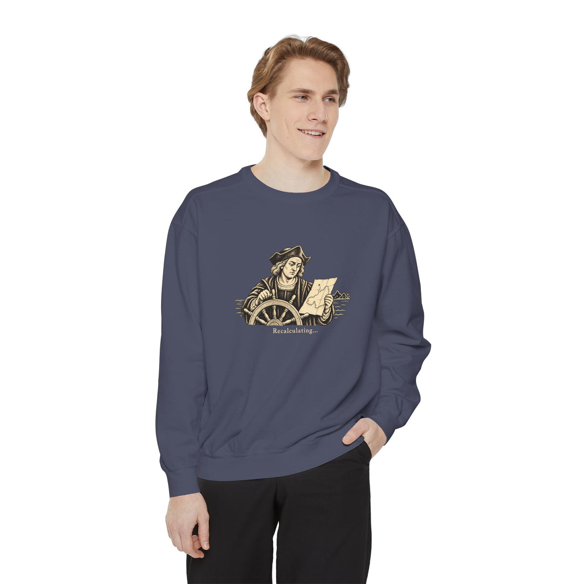 Recalculating Crewneck Sweatshirt – Vintage Navigator at the Wheel | Explorer Collection