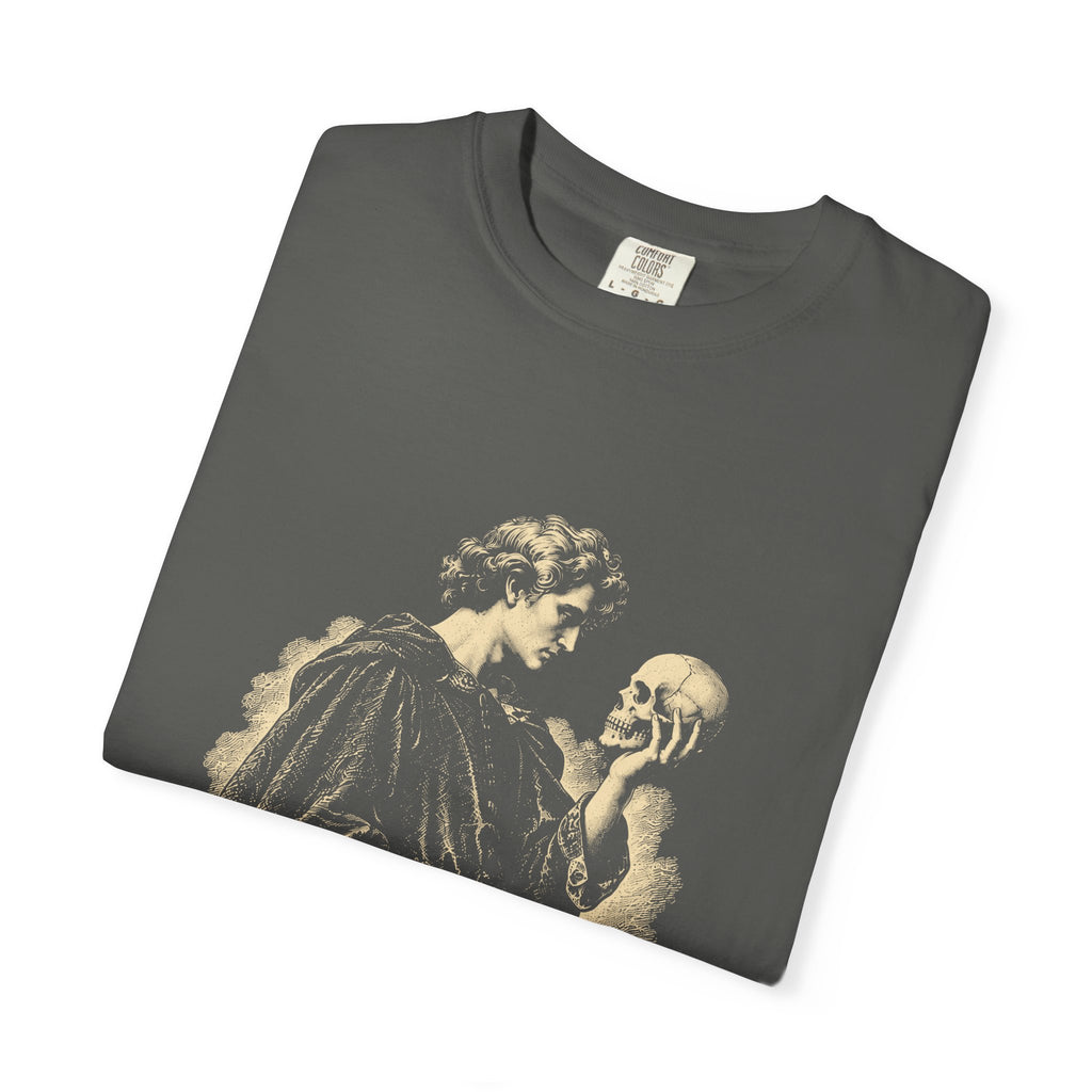 To Be Determined t-shirt: Hamlet holding a skull above To Be / Not to Be checkboxes