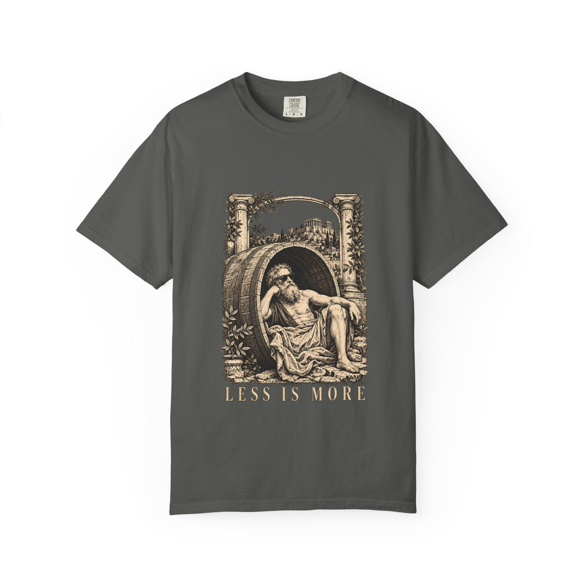 Less Is More t-shirt: Diogenes in sunglasses reclining in his barrel