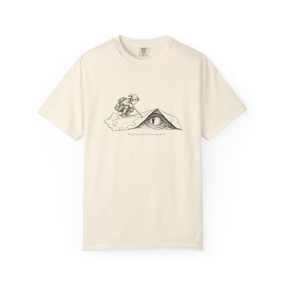 Curiosity Has Consequences t-shirt: vintage explorer at a mountain cave