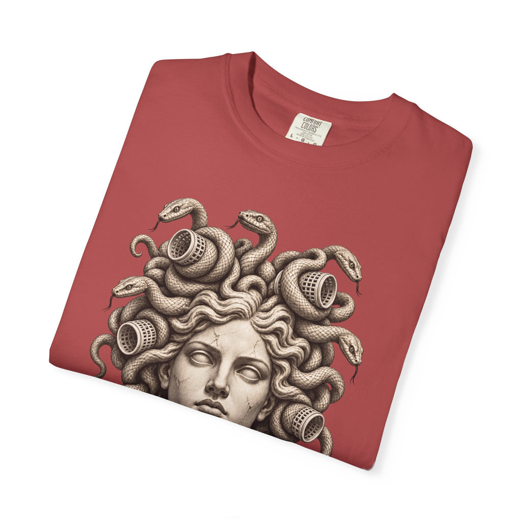 Bad Hair Day t-shirt: Medusa with her snakes in hair rollers