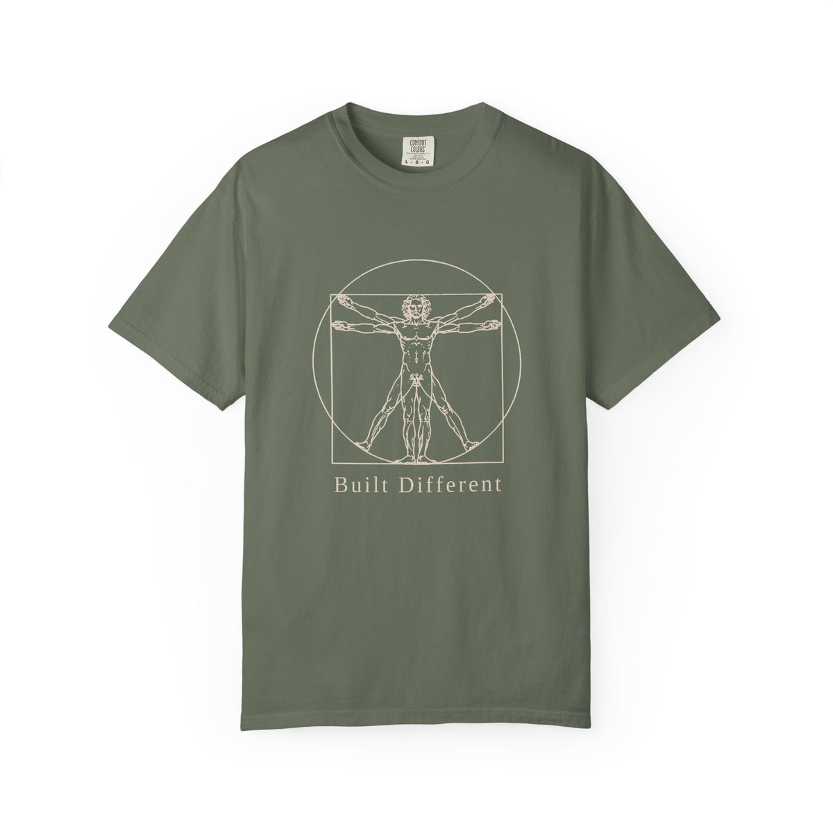 Built Different t-shirt: tonal Leonardo-style anatomy sketch