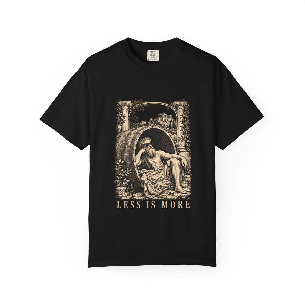 Less Is More t-shirt: Diogenes in sunglasses reclining in his barrel