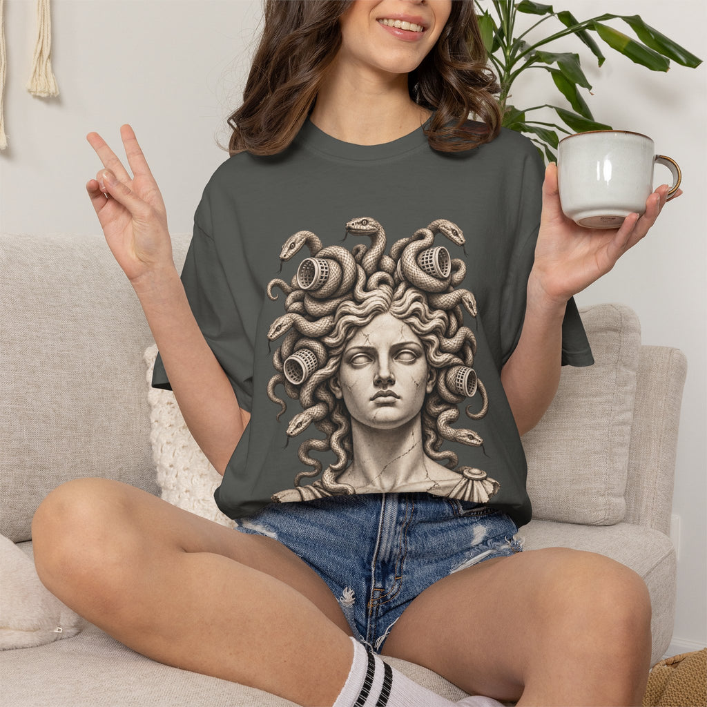 Bad Hair Day t-shirt: Medusa with her snakes in hair rollers