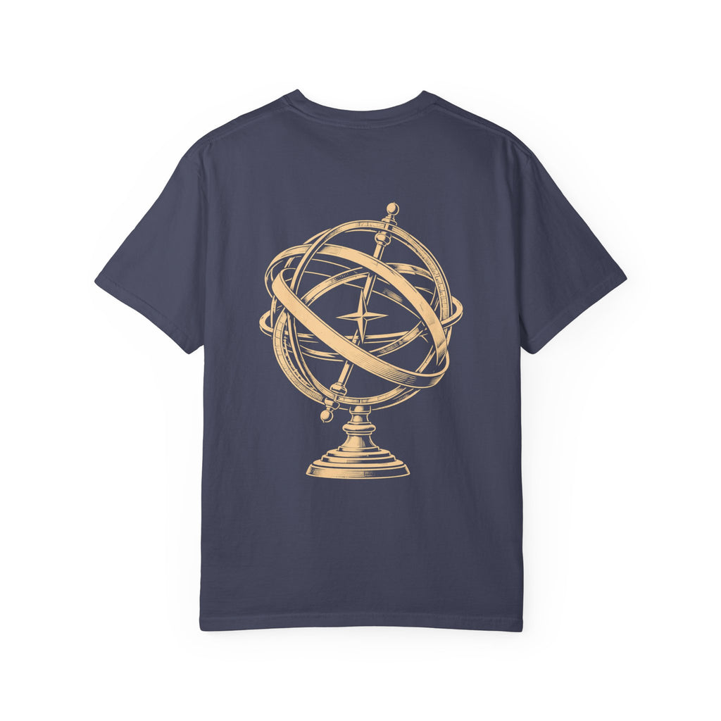 Observatory t-shirt: armillary sphere back print with Nexus chest monogram