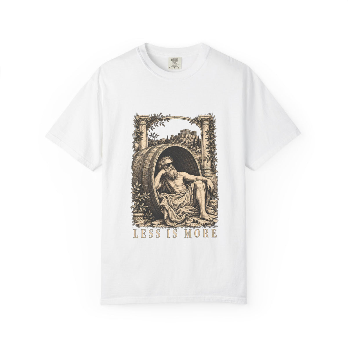Less Is More t-shirt: Diogenes in sunglasses reclining in his barrel