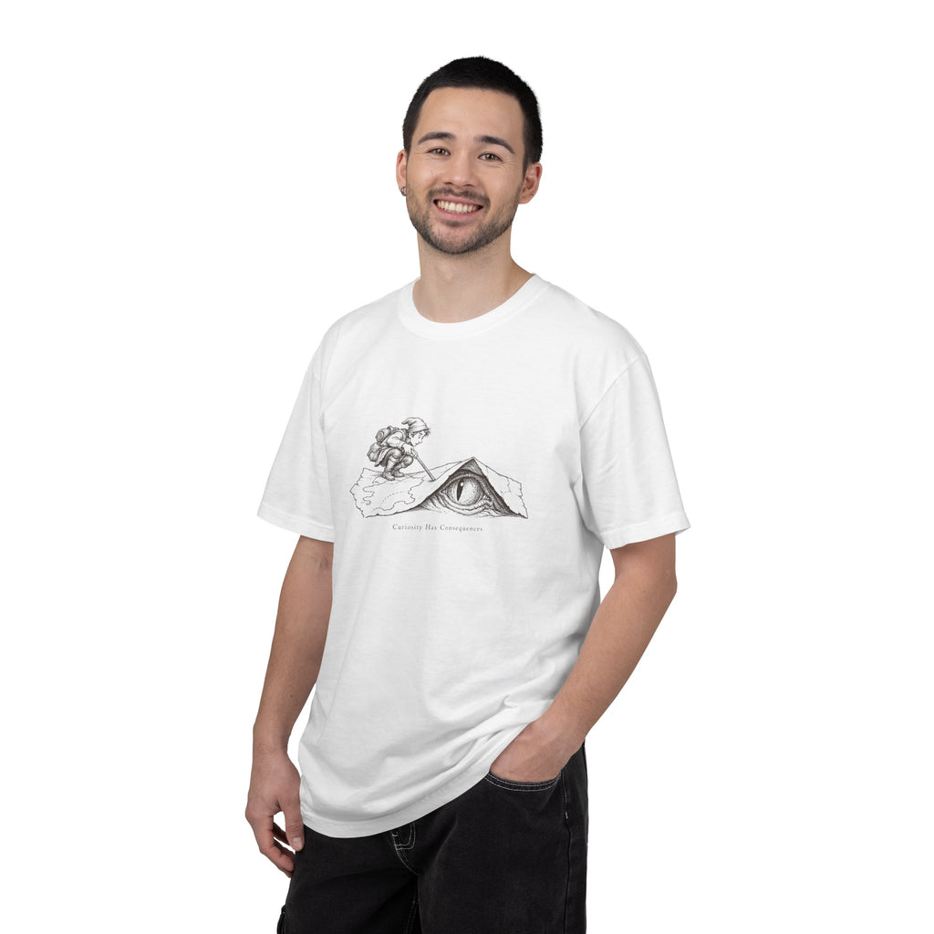 Curiosity Has Consequences t-shirt: vintage explorer at a mountain cave