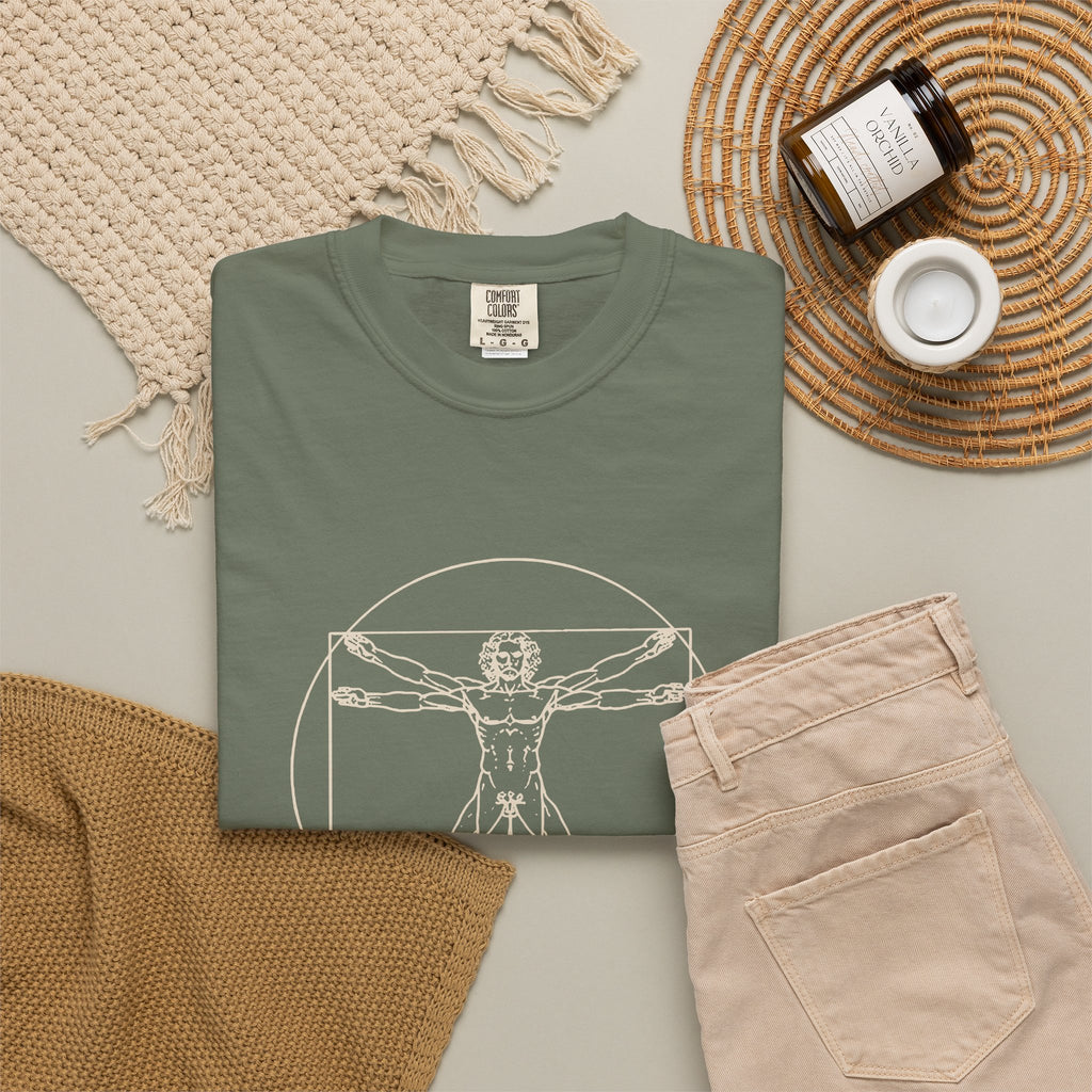 Built Different t-shirt: tonal Leonardo-style anatomy sketch
