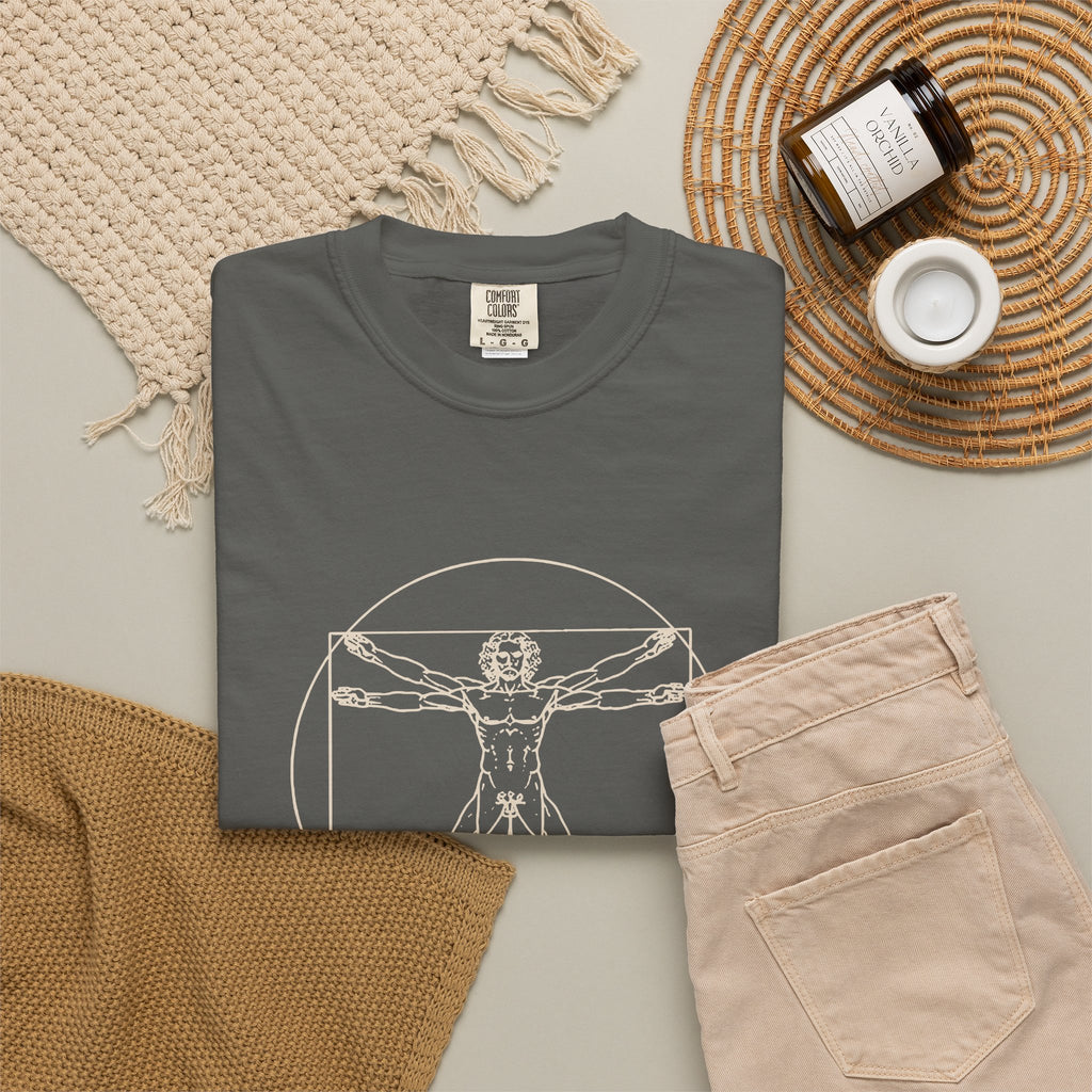Built Different t-shirt: tonal Leonardo-style anatomy sketch