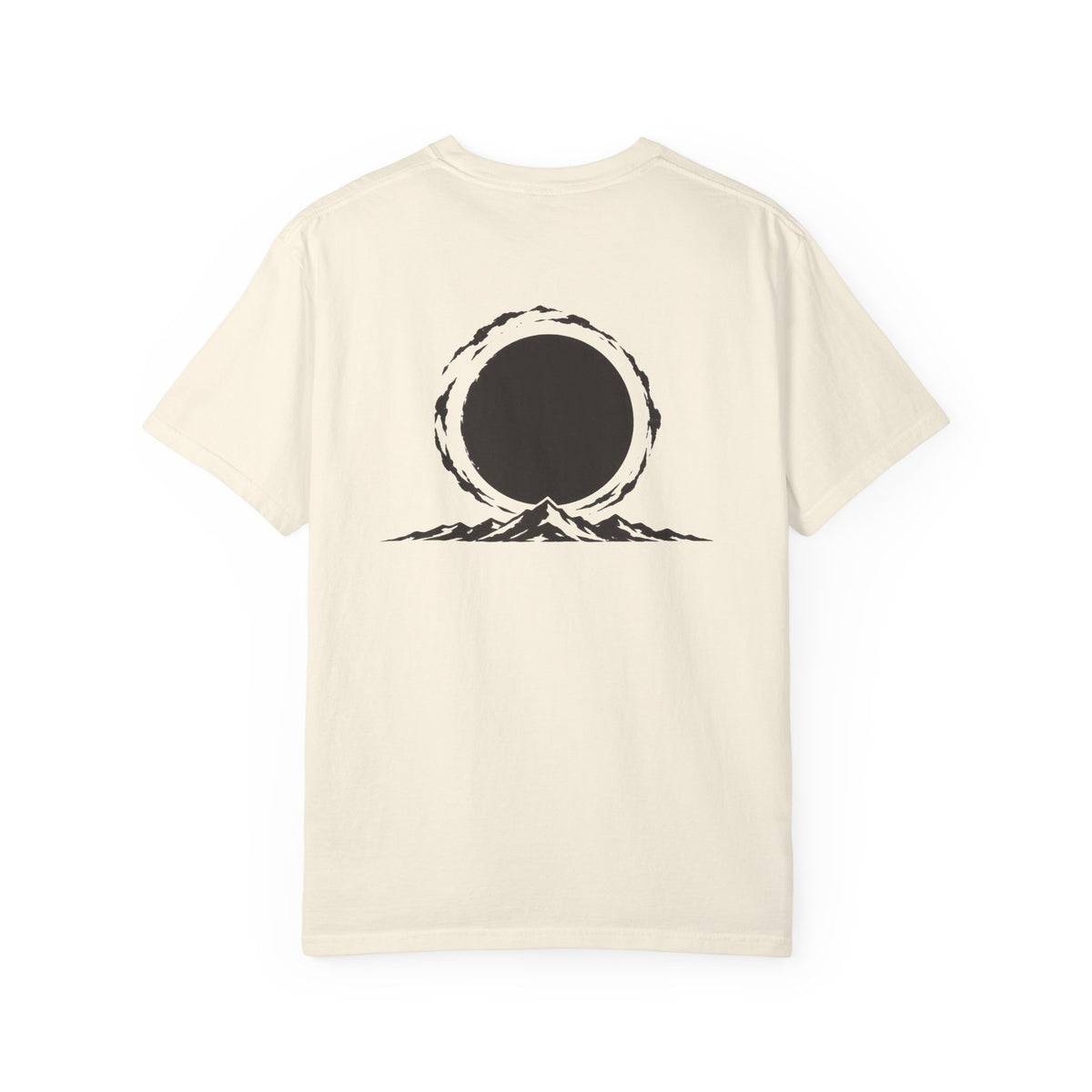 Eclipse t-shirt: eclipse and mountain silhouette back print with Nexus chest monogram