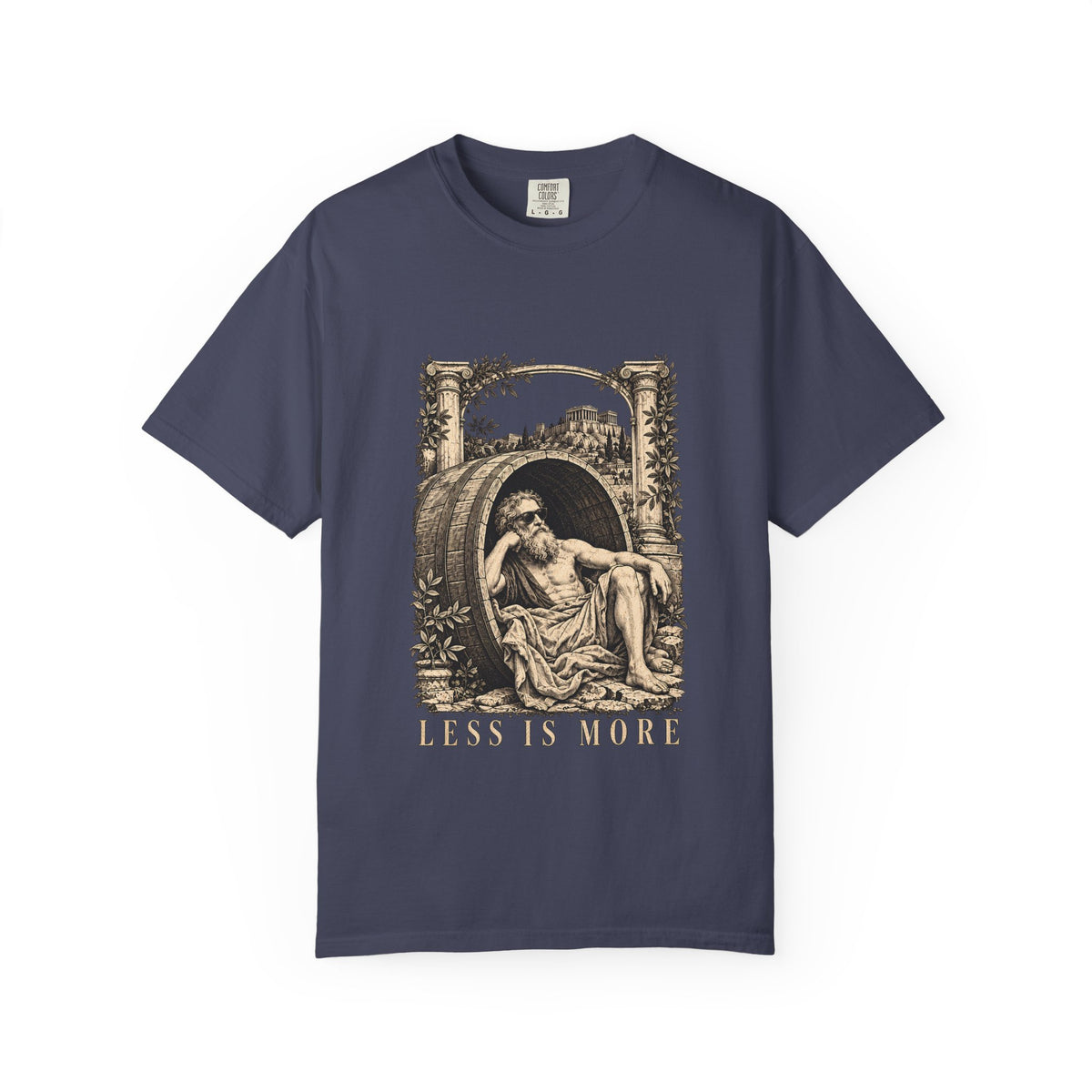 Less Is More t-shirt: Diogenes in sunglasses reclining in his barrel