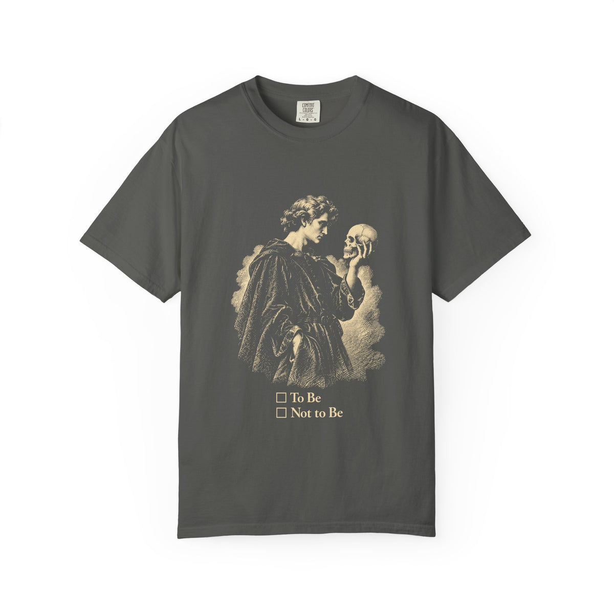 To Be Determined t-shirt: Hamlet holding a skull above To Be / Not to Be checkboxes
