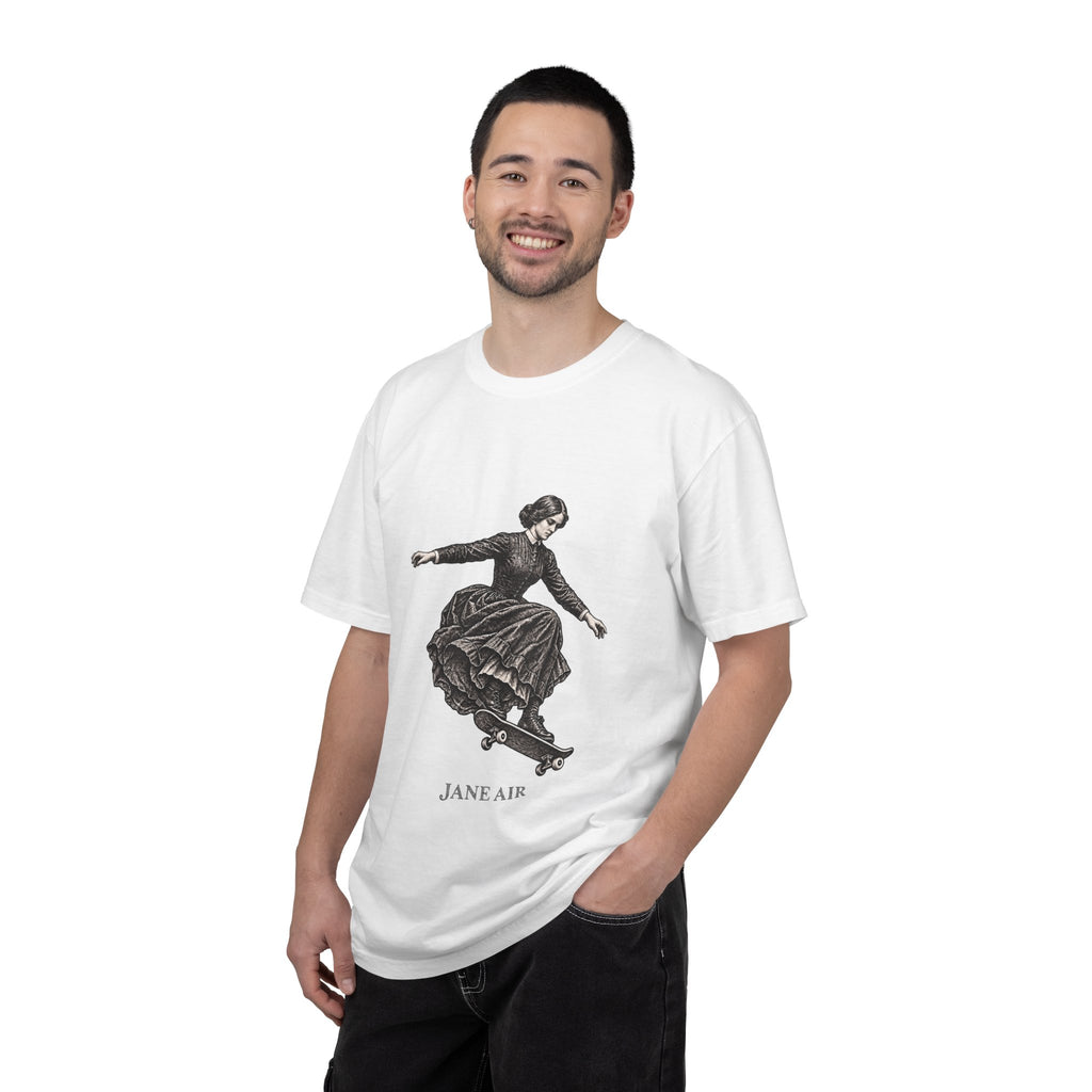 Jane Air t-shirt: Jane Eyre-inspired woman in period dress on a skateboard