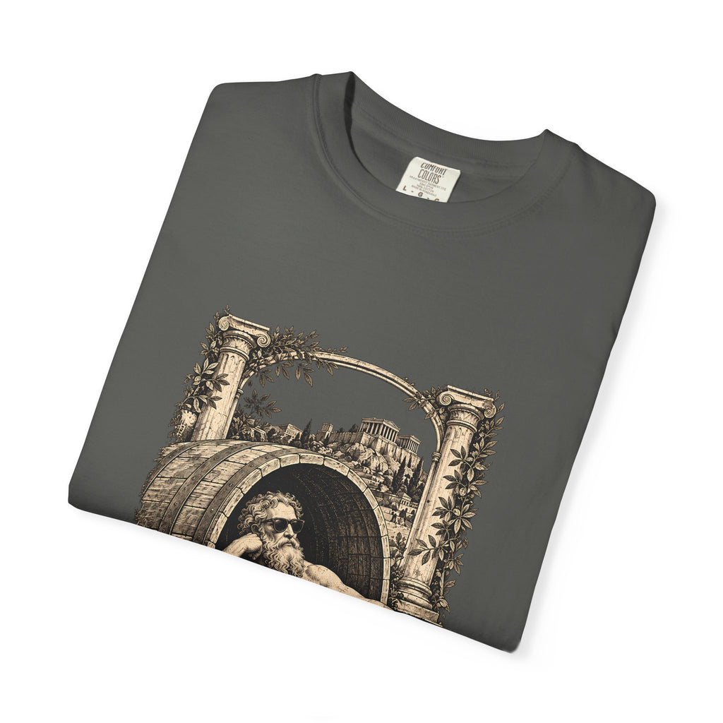 Less Is More t-shirt: Diogenes in sunglasses reclining in his barrel