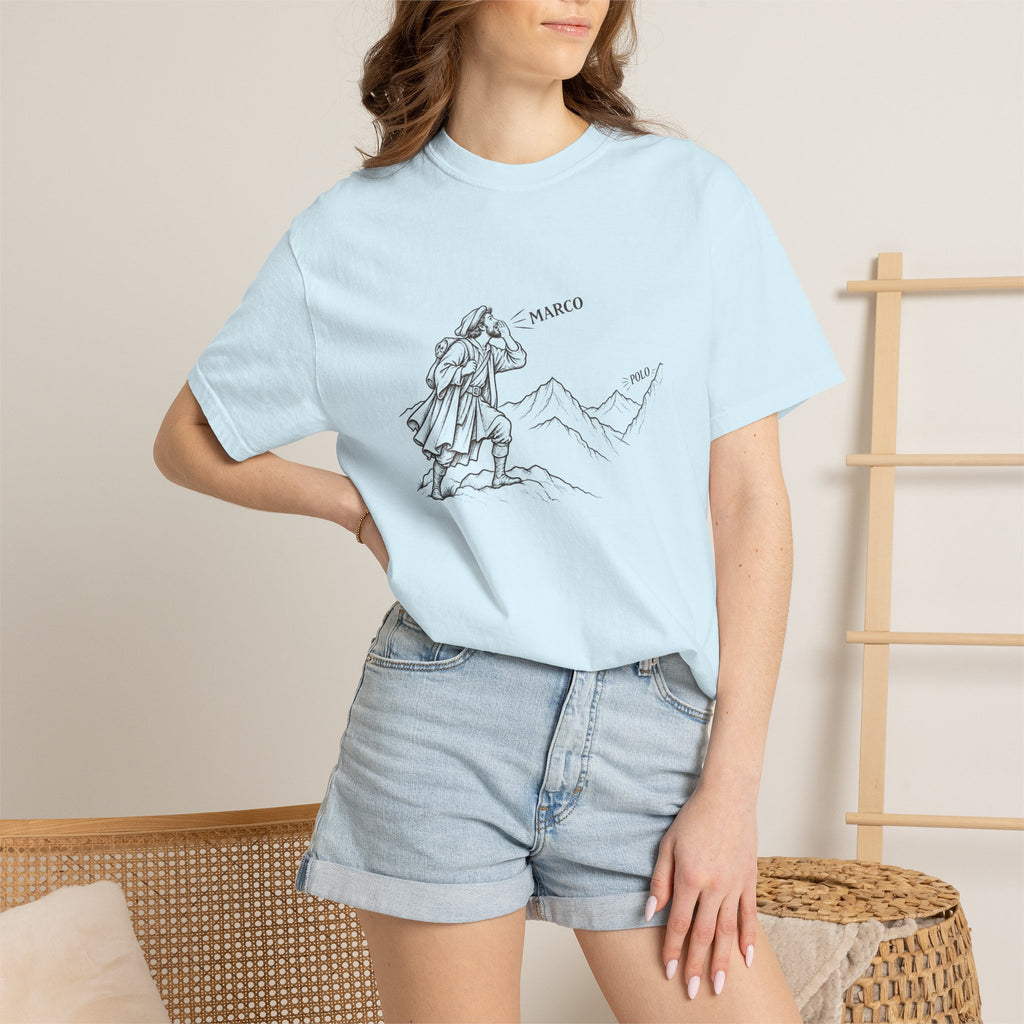Marco / Polo t-shirt: vintage explorer calling across the mountains